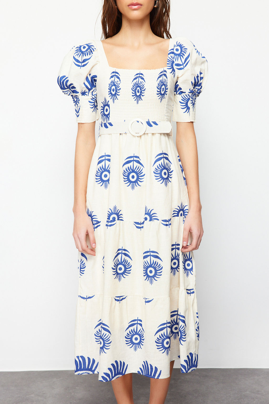 Pembe Desenli Kare Yaka Keten Gorunumlu Kemerli Midi Dokuma Elbise TWOSS24EL00779 - Trendyolmilla фото 12