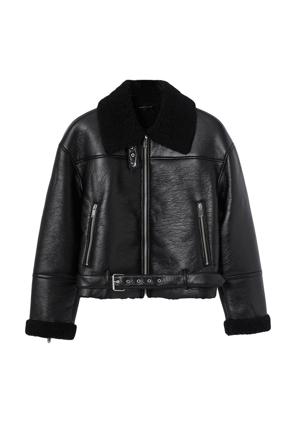 Siyah Regular Kal?p Pelus Detayl? Suni Deri Biker Ceket Mont TWOAW24MO00279