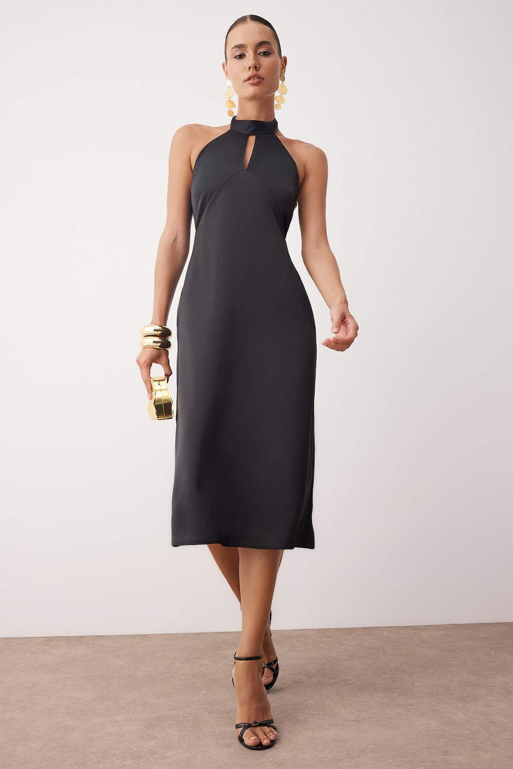 Siyah Saten Midi S?k Abiye Gece Mezuniyet Elbisesi TPRAW26EL00015 - Trendyolmilla фото 3