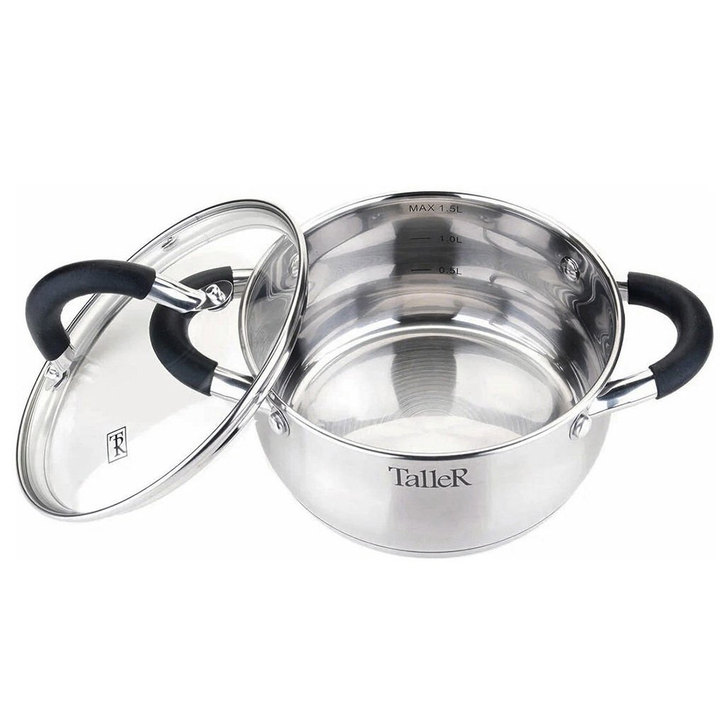 Кастрюля из нержавеющей стали Шелборн 2,2л, д18см, h9см, s0,6мм, дно s2,8мм, стеклянная жаропрочная крышка, стальной обод, пароотвод, силиконовые вставки черного цвета, капсулированное дно, полировка внешняя - матовая, внутренняя - зеркальная, мерн - Домашняя мода фото 5