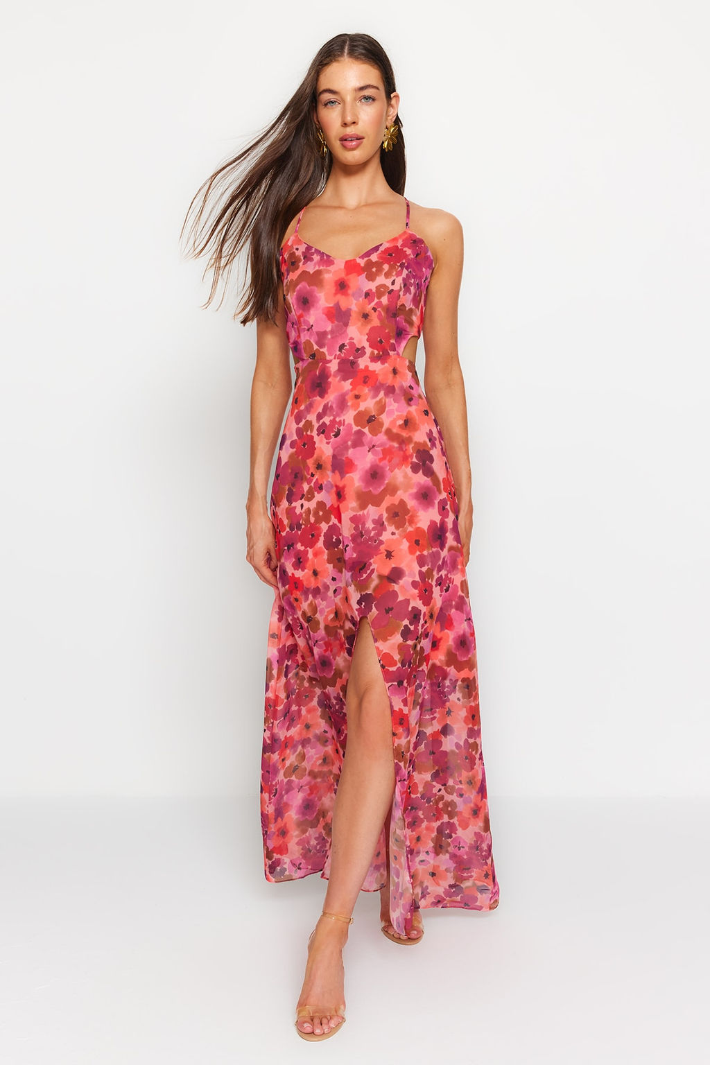 TRENDYOLMILLA Cok Renkli A Kesim Astarl? Pencere/Cut Out Detayl? Cicek Desenli Maxi Dokuma Elbise TWOSS20EL1270  фото 14