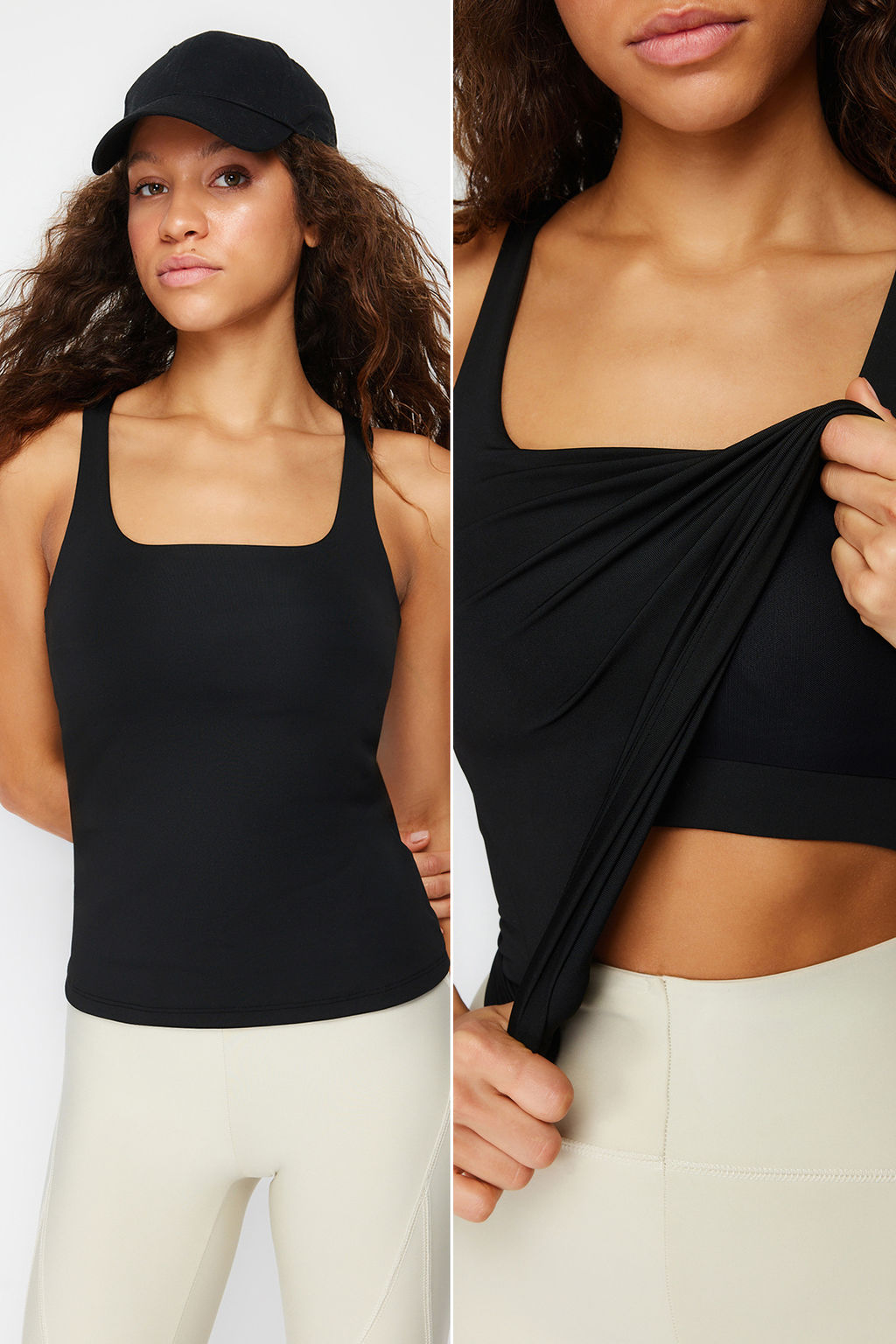 Siyah Toparlay?c? 2 Katl? Ici Pedli Spor Sutyenli Kare Yaka Orme Spor Ust/Bluz THMSS24BZ00002
