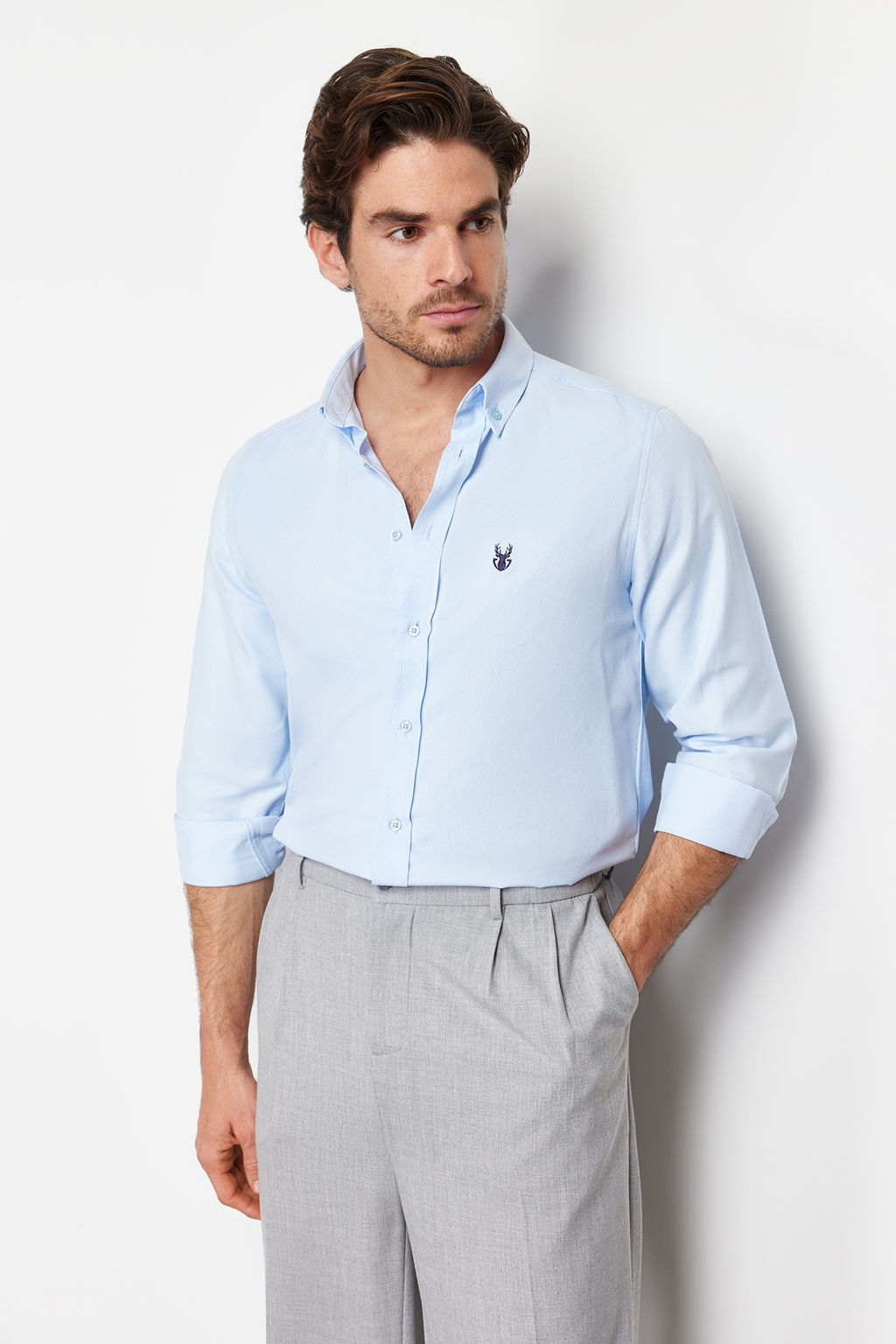 TRENDYOL MAN Lacivert Slim Fit Nak?sl? Kolay Utulenebilir Smart Gomlek TMNSS24GO00062 - Trendyolmilla фото 6