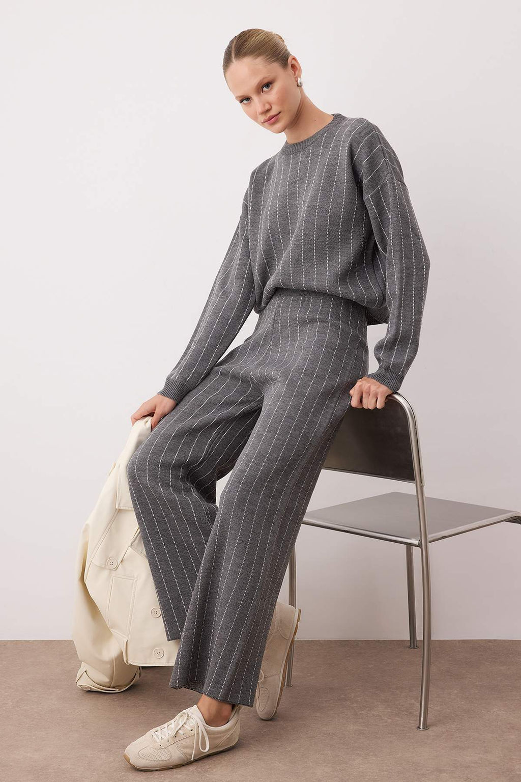 Siyah Cizgili Smart Kazak-Pantolon Triko Alt - Ust Tak?m TWOAW26AU00018 - Trendyolmilla фото 6