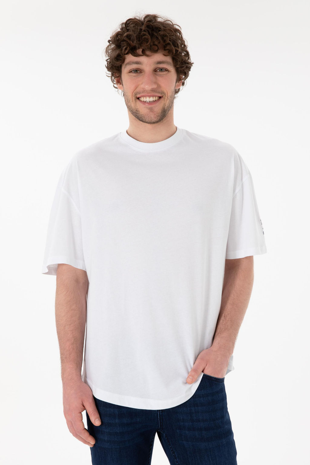 Erkek Long Fit Bisiklet Yaka Beyaz Basic Ti__rt Sepette S_rpriz _ndirim