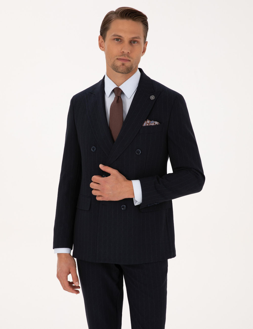 Lacivert Ex. Slim Fit _izgili Kruvaze Tak_m Elbise