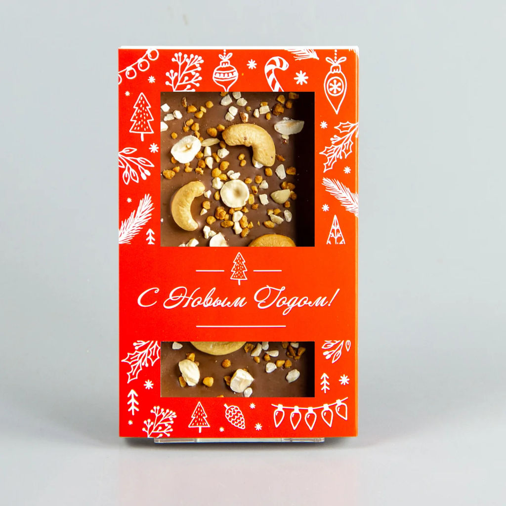 Молочный шоколад с кешью, фундуком и карамелизированным фундуком, красная коробочка #5, 85гр