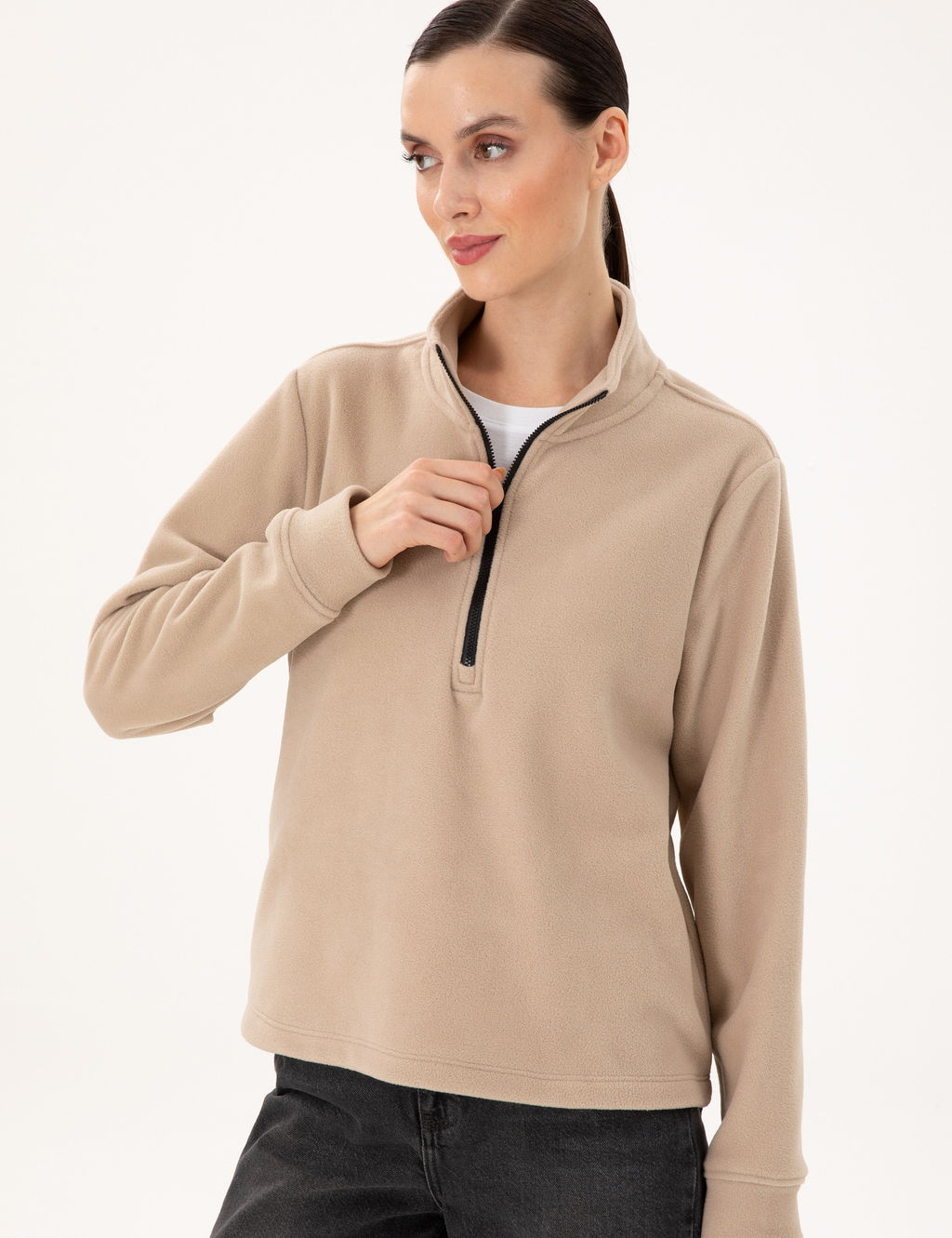 Bej Comfort Fit Fermuarl_ Polar Sweatshirt