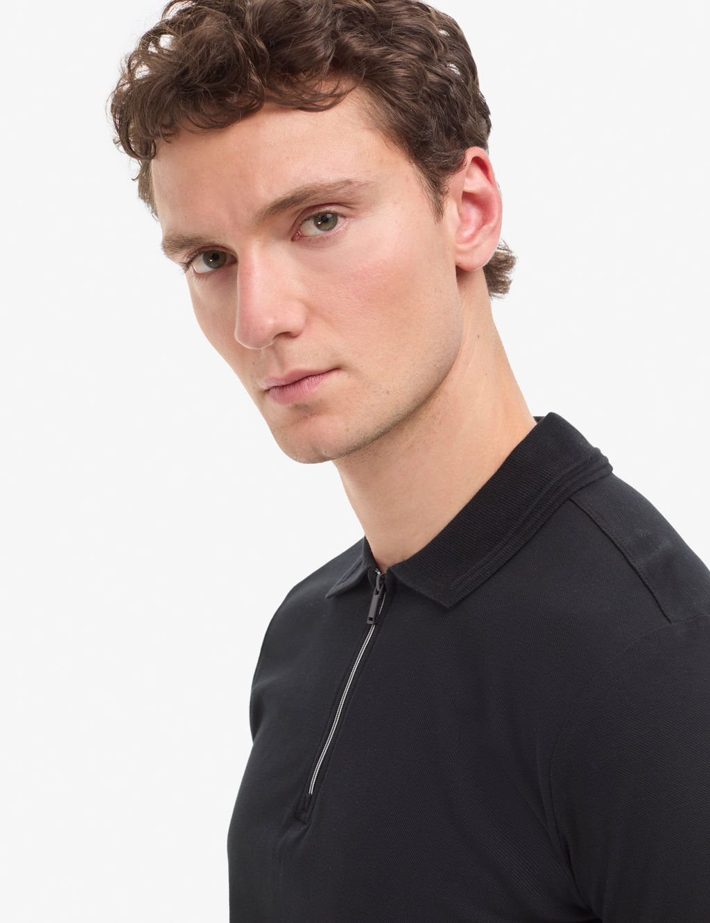 Siyah Slim Fit %100 Pamuk K_vr_lmaz Fermuarl_ Polo Yaka Basic Ti__rt