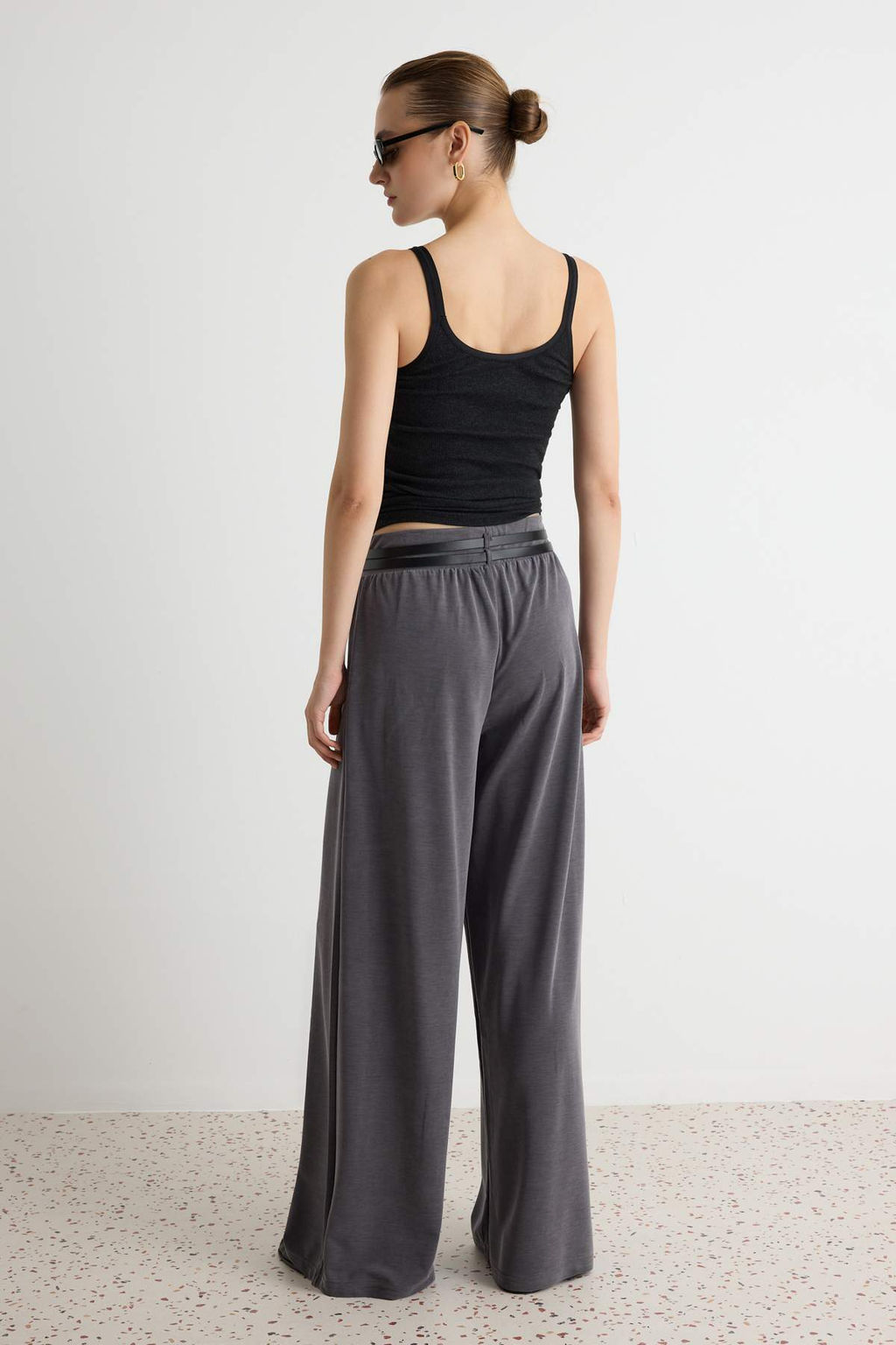 Antrasit D_z Wide Leg/Geni_ Pa_a _ift Kemerli Uzun Modal Kuma_ _rme Pantolon TWOAW27PL00018 - Trendyolmilla фото 4