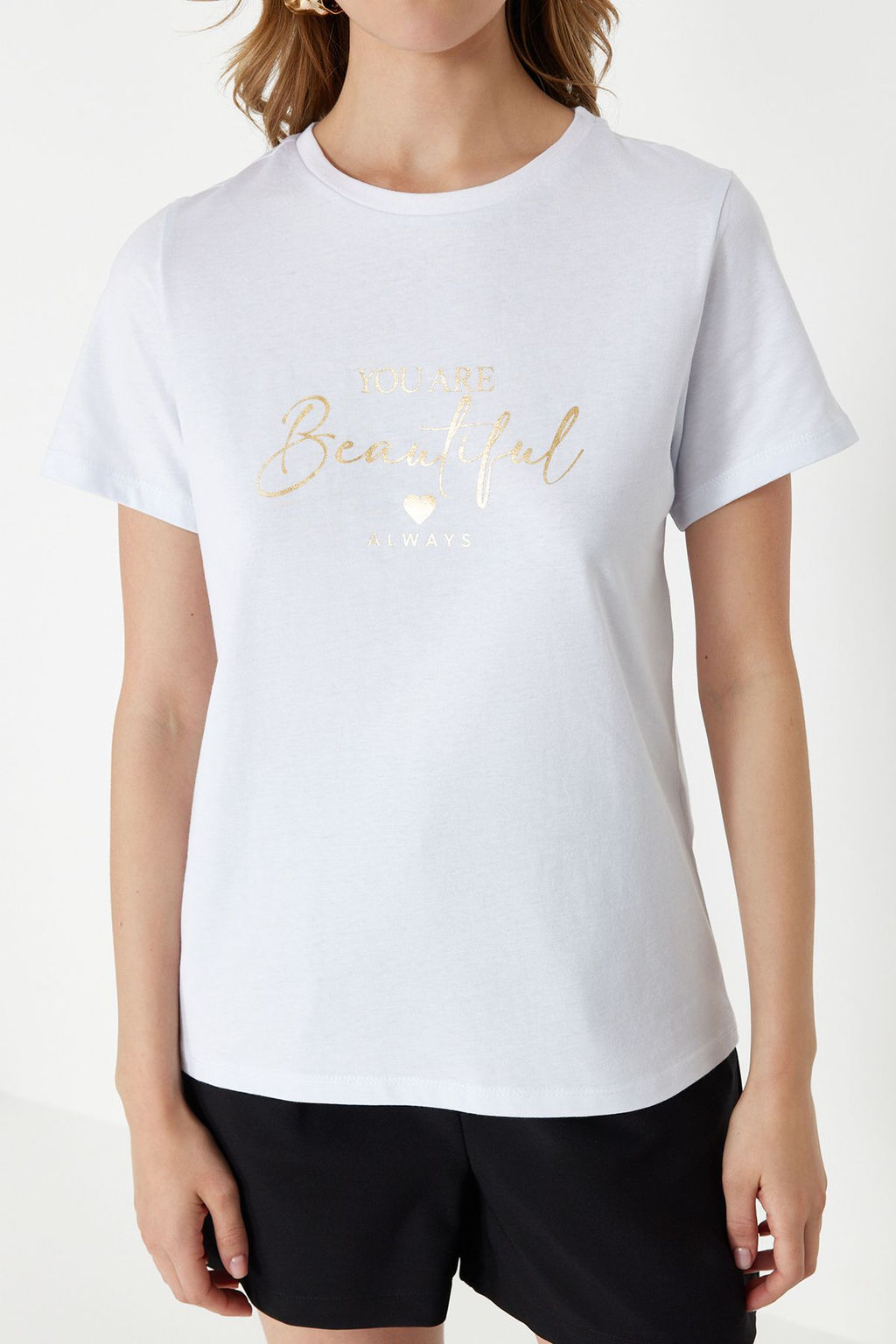 Beyaz %100 Kal?n Pamuklu Varak/Parlak Slogan Bask?l? Regular Kal?p Orme T-Shirt TWOSS24TS00252 - Trendyolmilla фото 4