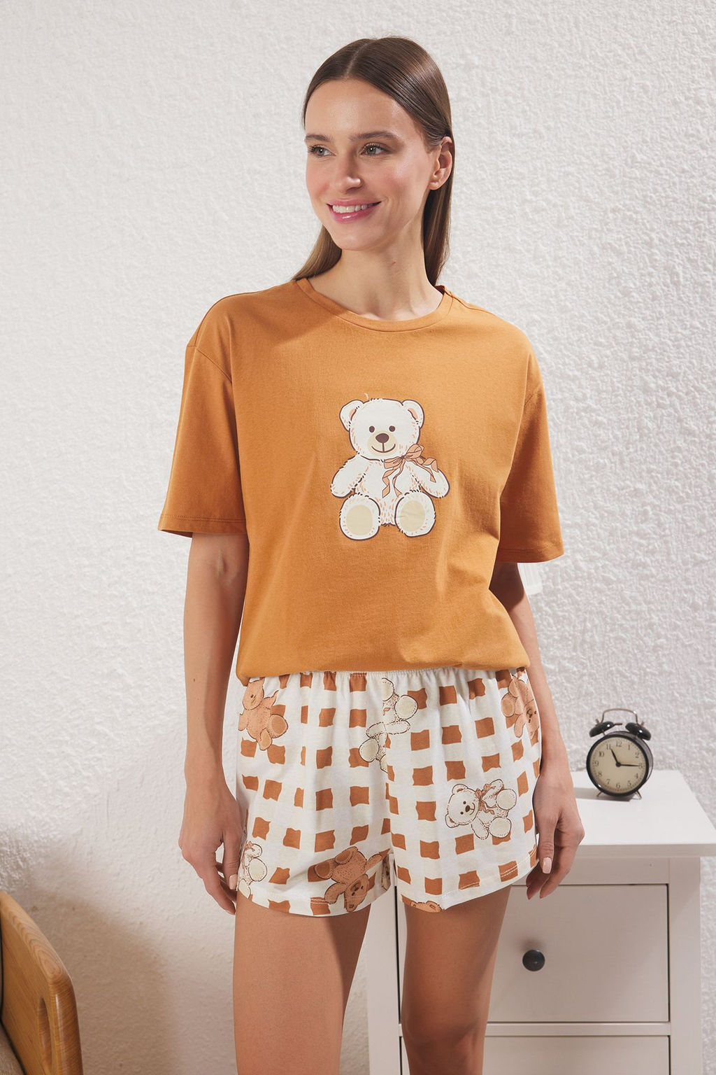 Trendyolmilla Ekru %100 Pamuklu Ay?c?kl? ve Kurdele/Fiyonk Bask?l? Sortlu Orme Pijama Tak?m? THMSS25PT00063  фото 6