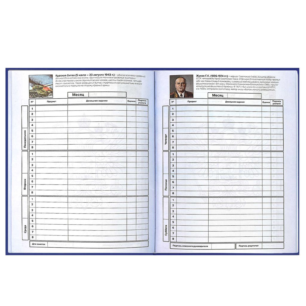 Дневник российского школьника арт. 60147 СИНЯЯ СИМВОЛИКА / интегральный переплёт, А5+, 48 л., конгрев, выборочный УФ-лак, матовая ламинация, полноцветная печать, универсальная шпаргалка/