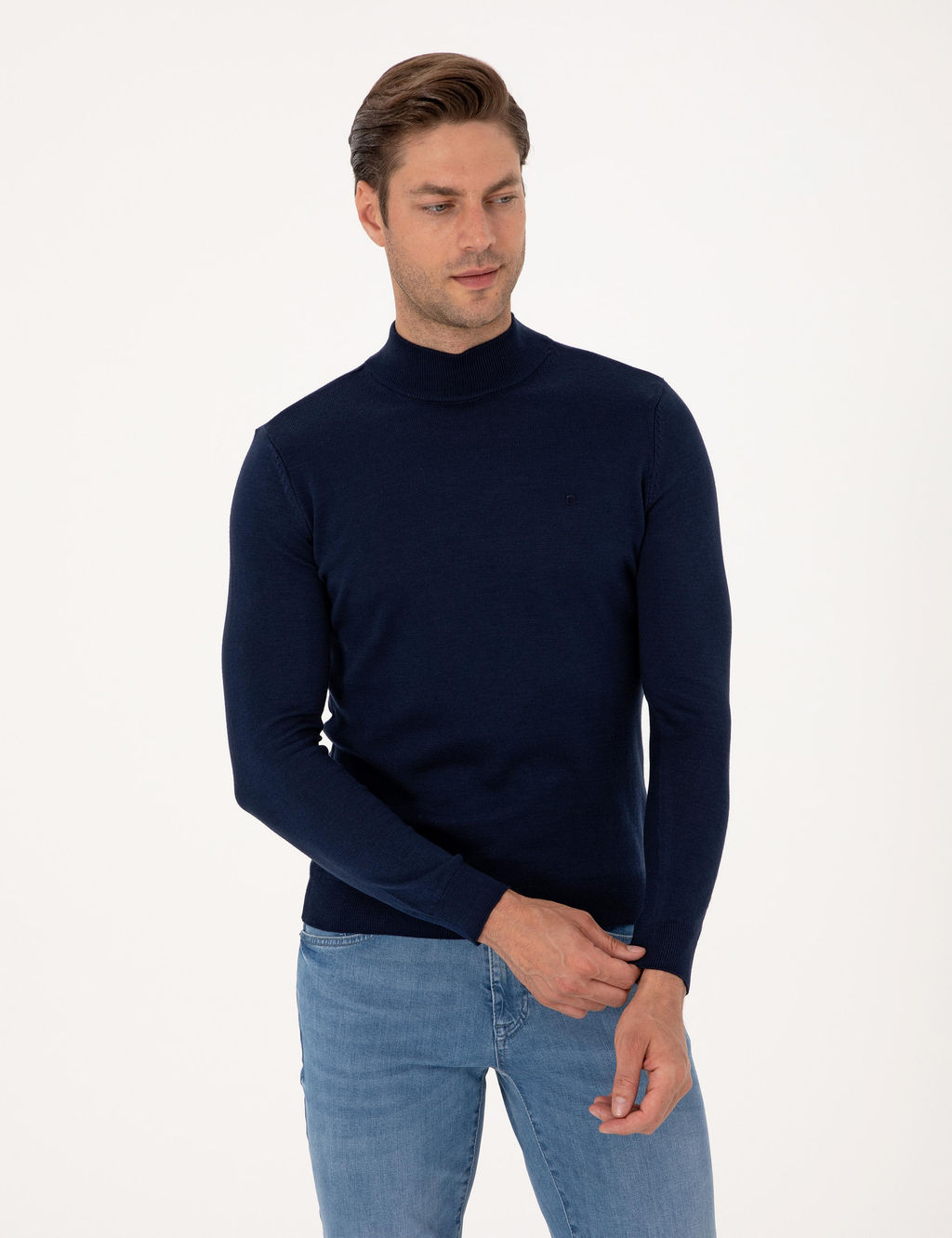 A__k Lacivert Slim Fit Yar_m Bal_k__ Yaka Basic Triko Kazak
