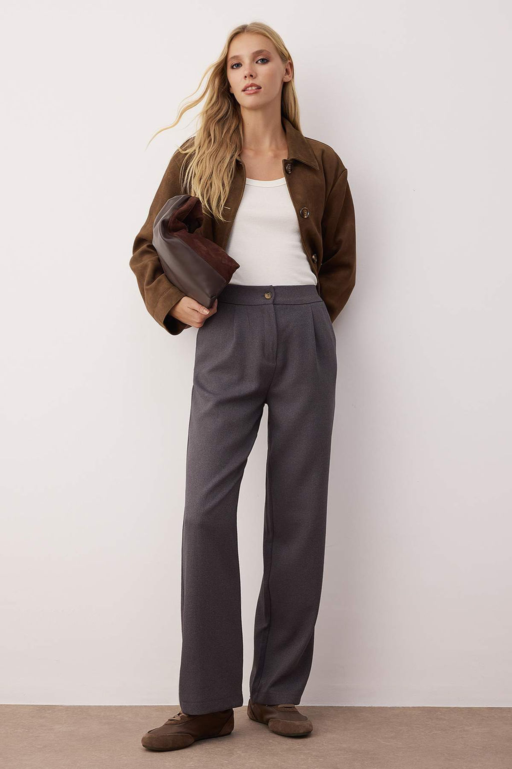 TRENDYOLMILLA Gri Straight/Duz Kesim Dokuma Kumas Pantolon TWOAW22PL0321 фото 14