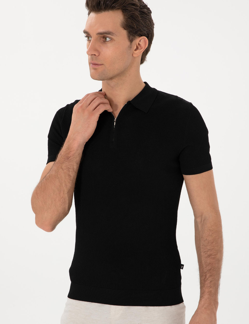 Siyah Slim Fit Fermuarl_ Polo Yaka Triko T-shirt