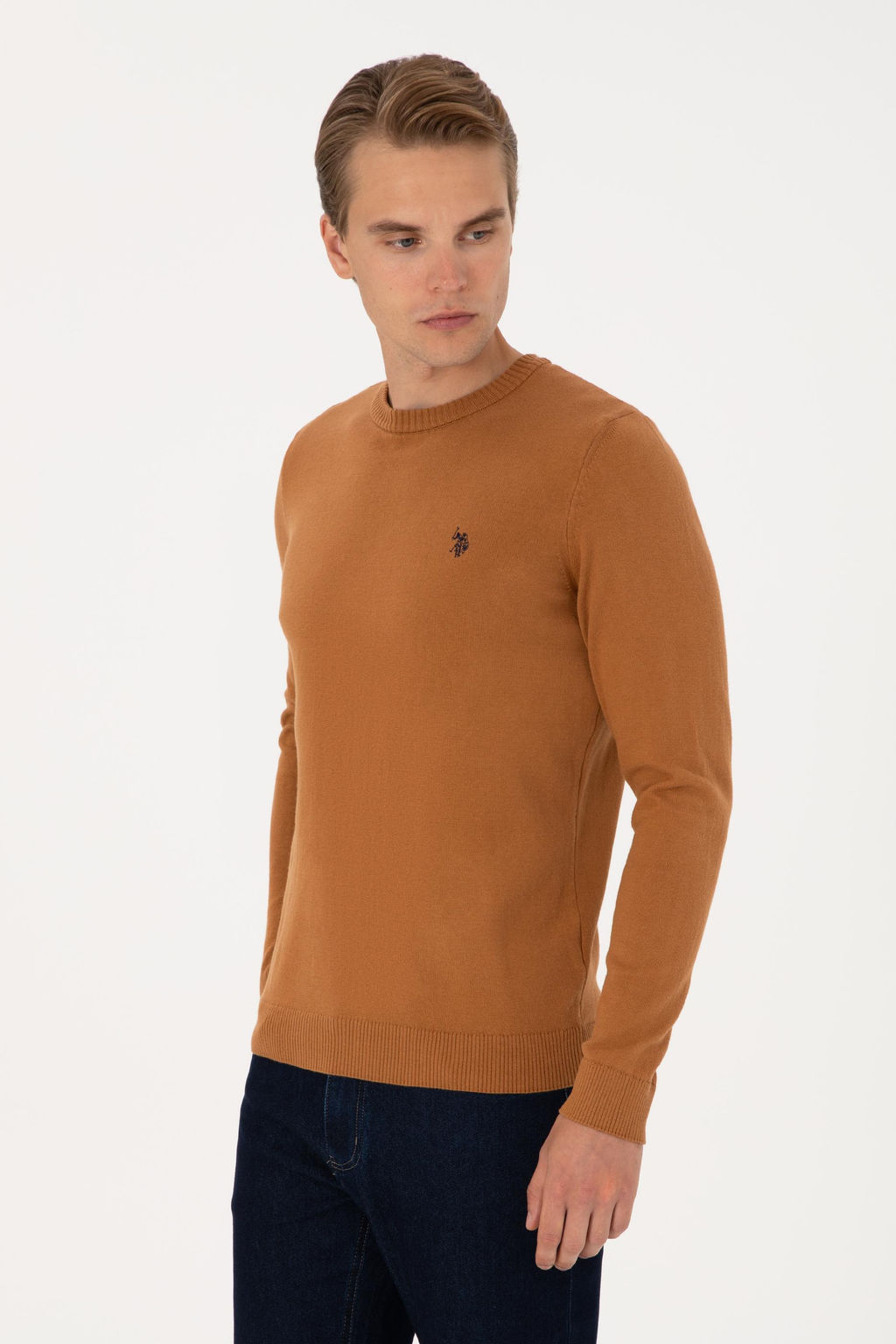 Erkek Slim Fit Bisiklet Yaka Camel Basic Kazak - U.s. polo assn фото 3