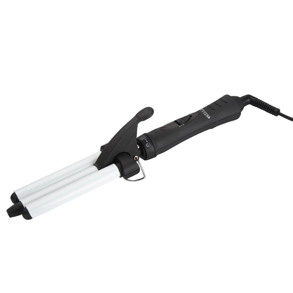 Плойка для волос "Kelli" тройная, керамическое покрытие, термоизолированный наконечник, фиксатор пластин, удобная подставка, световой индикатор, защита шнура от перекручивания, мощность: 220-240В, 50Гц, 60Вт, пластмассовый корпус, 37х8х11см (Китай)