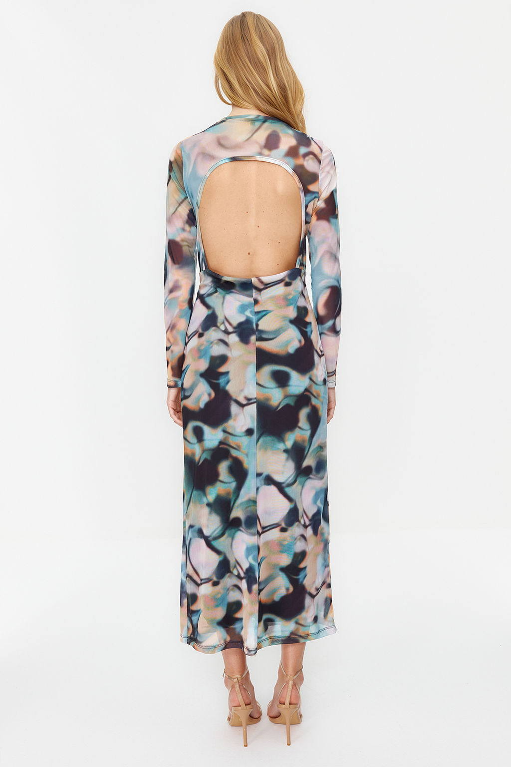 Mavi S?rt Dekolteli Uzun Kol Bask?l? Tul Esnek Orme Kalem Elbise TWOSS24EL00115 - Trendyolmilla фото 7