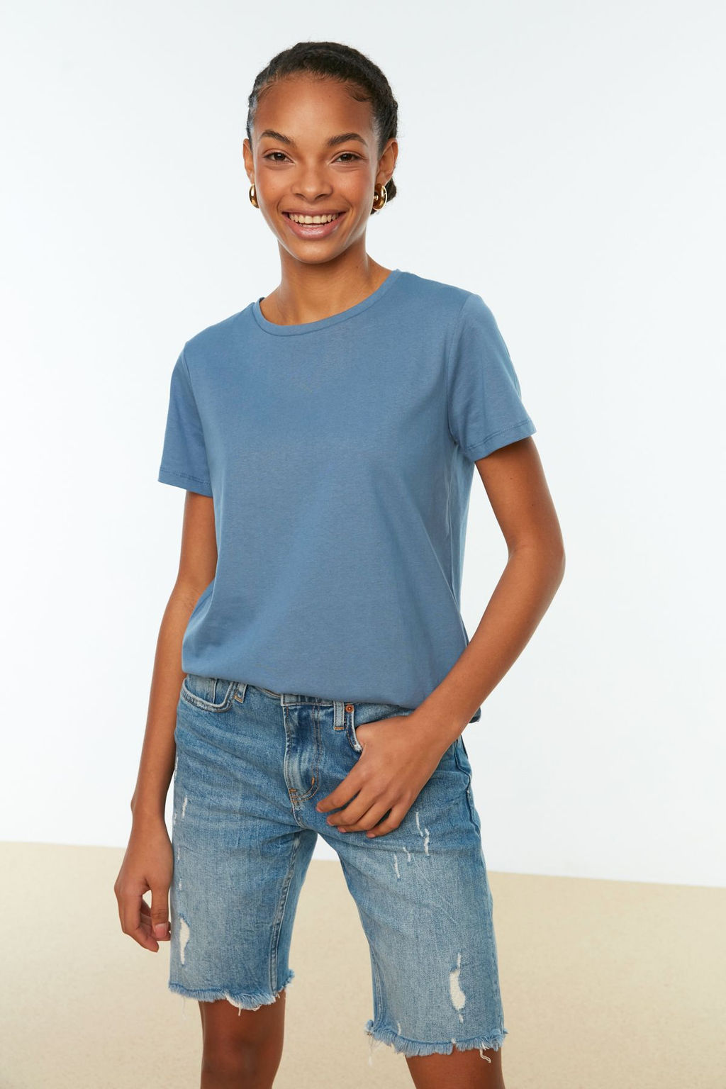 Indigo-Pembe %100 Pamuk 2li Paket Basic Bisiklet Yaka Orme T-Shirt TWOSS20TS0141