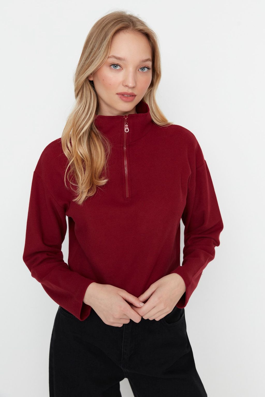 Bordo Selanik/Triko Gorunumlu Fermuarl? Yaka Regular/Normal Kal?p Orme Sweatshirt TWOAW22SW0732