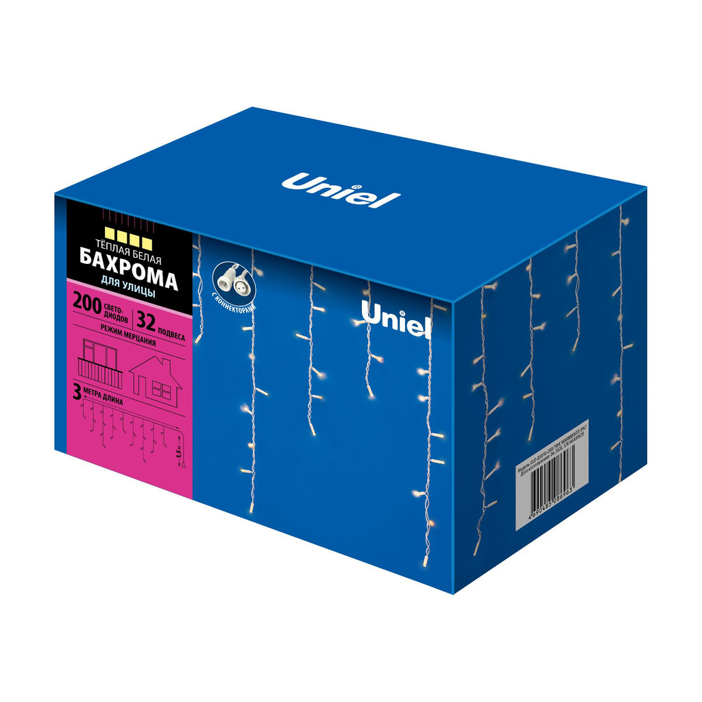 ULD-B3010-200/TWK WARMWHITE IP67 Бахрома светодиодная с эффектом мерцания, 3м. Соединяемая. 200 светодиодов. Теплый белый свет. Провод белый. TM Uniel. - Volpe фото 18