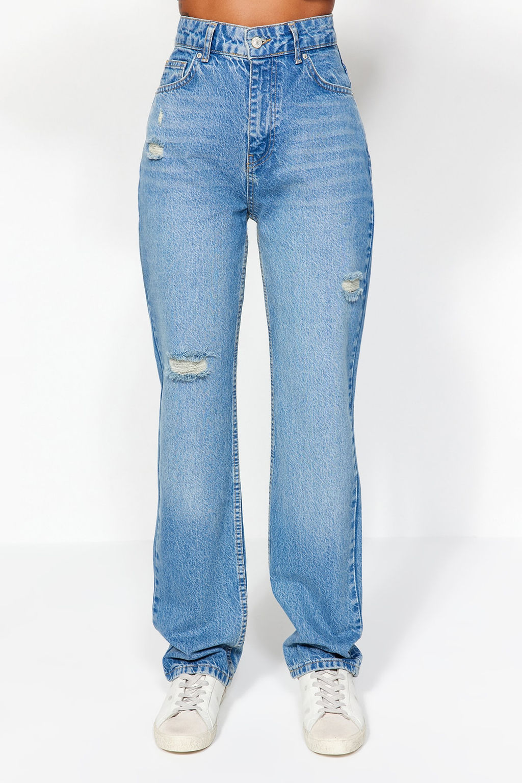 TRENDYOLMILLA Mavi Y?rt?kl? Yuksek Bel Uzun Straight Jeans TWOAW24JE00033