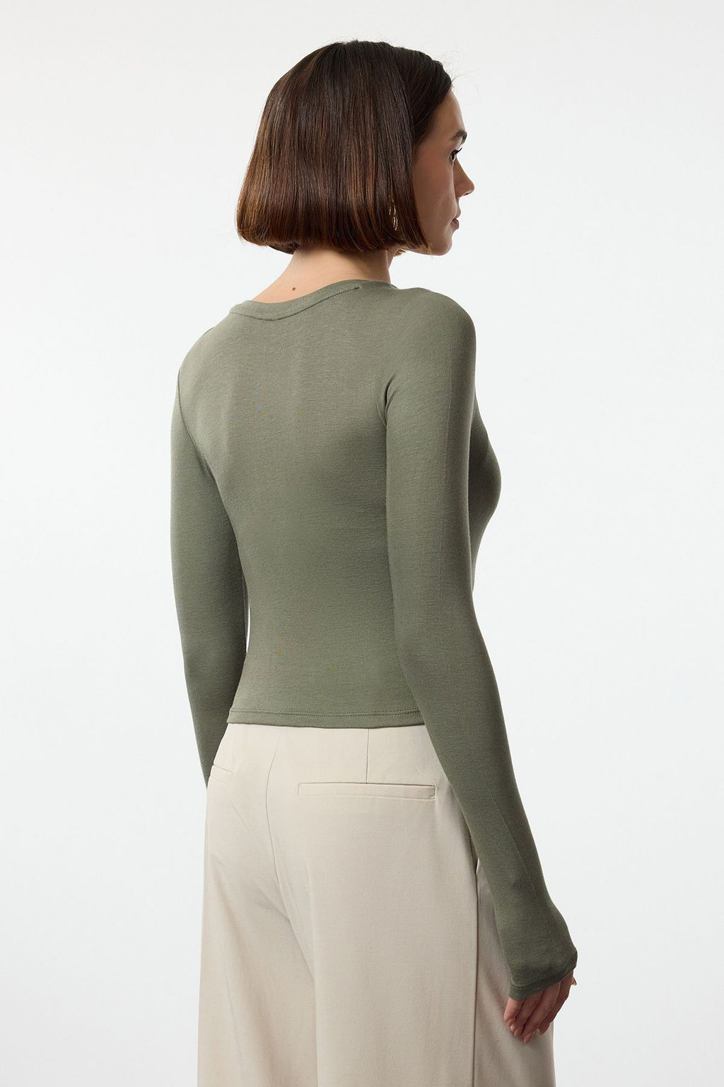 Haki Premium Viskon Bisiklet Yaka Crop Esnek Orme Bluz TWOAW24BZ00116