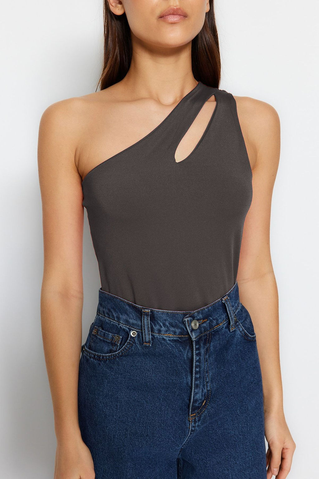Antrasit Asimetrik Yaka Cut Out Detayl? Esnek C?tc?tl? Orme Body TWOSS23BD00014