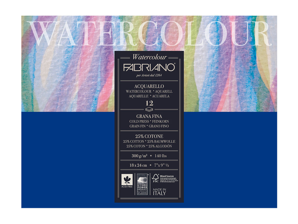 Fabriano Альбом для акварели Watercolour 25% хлопок, 75% целлюлоза 300 г/м2 18 х 24 см склейка с одной стороны 12 л. 17311824 среднезернистая