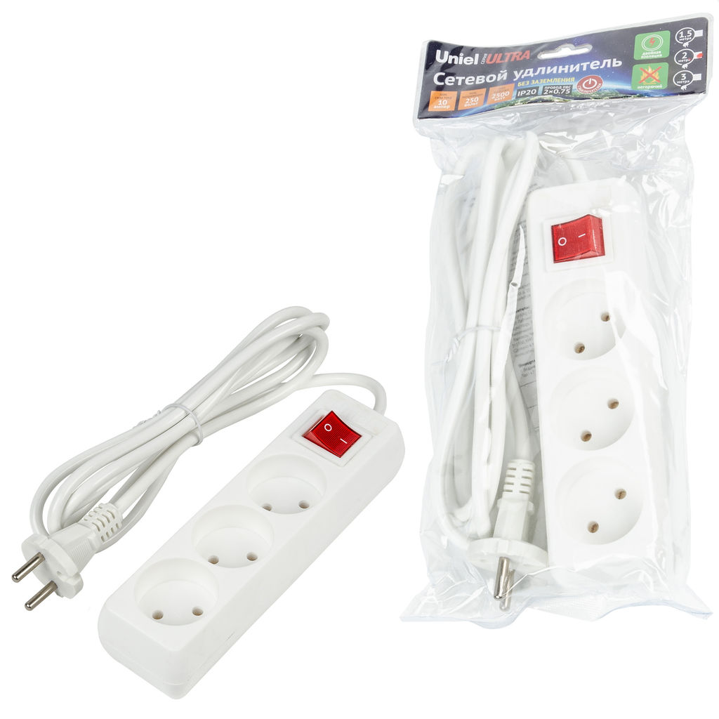 S-CU3-2B WHITE Удлинитель серии Ultra, шнур 2м., 3 гнезда, 10A, б/з. Белый. TM Uniel - Volpe фото 3
