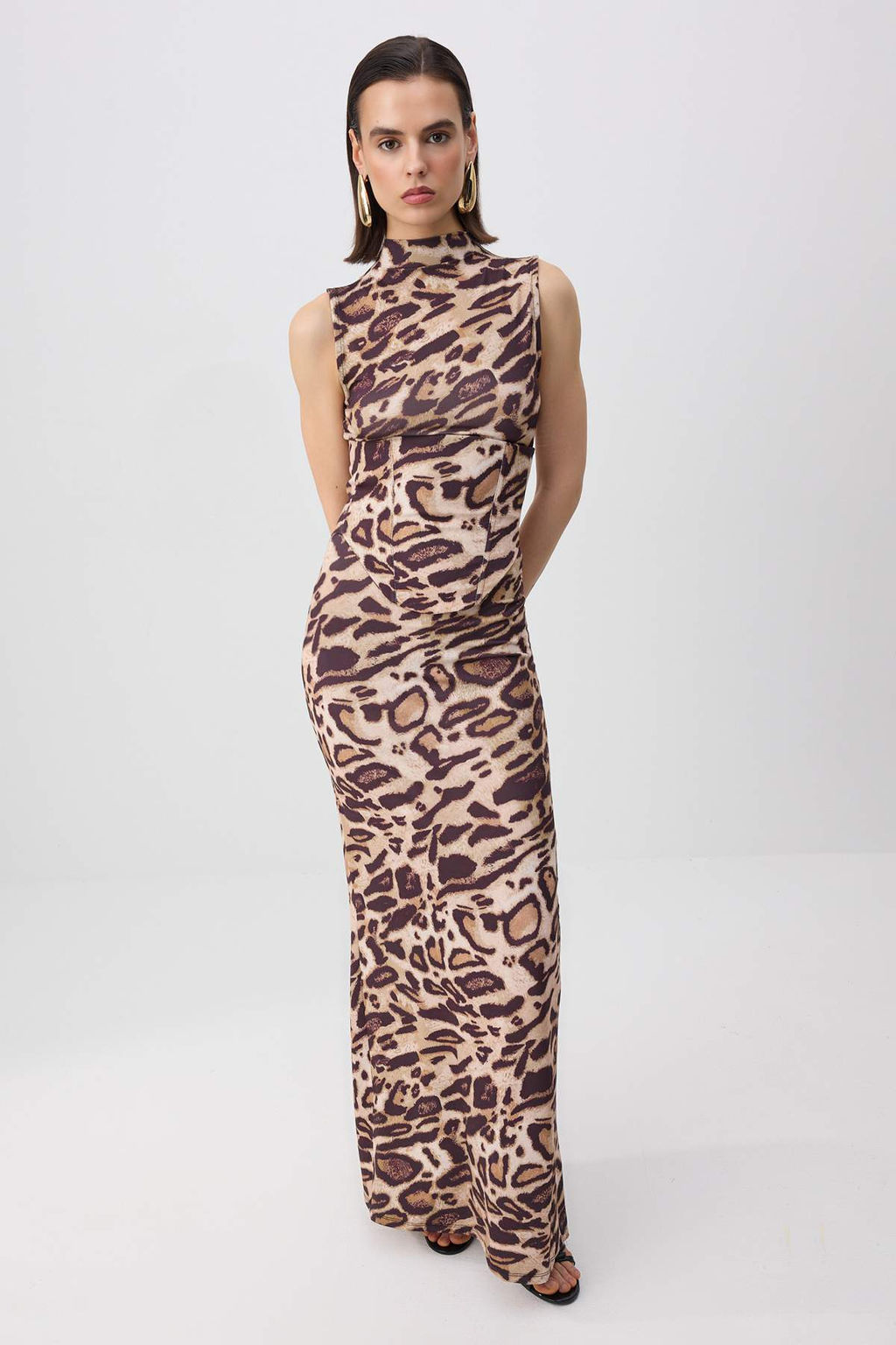Kahverengi Leopar Desen Korse Detay Sandy Maxi Astars?z Party Elbise TPRSS26EL00223 - Trendyolmilla фото 2