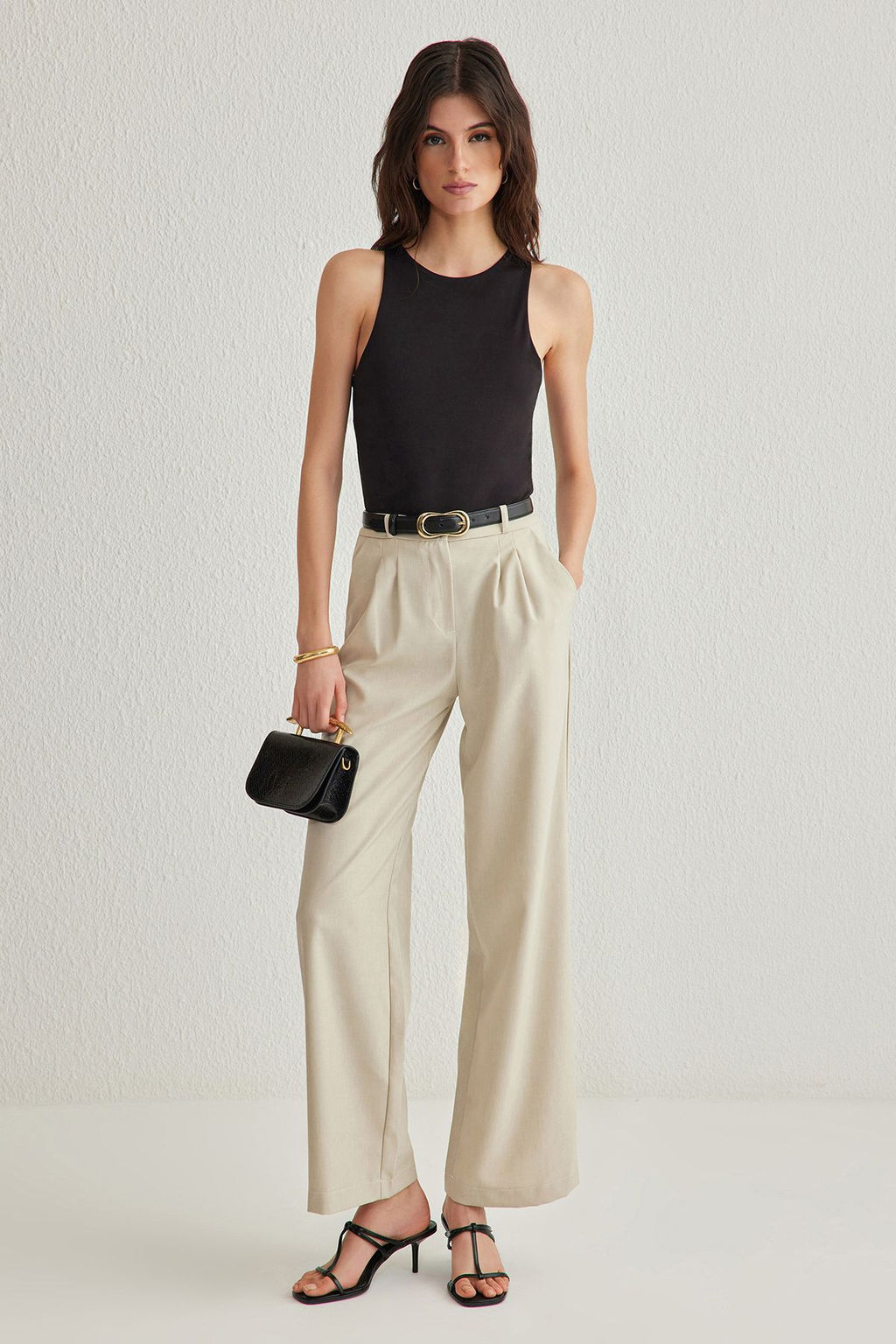 Bej Wide Leg/Genis Paca Pilili Dokuma Pantolon TWOAW22PL0475
