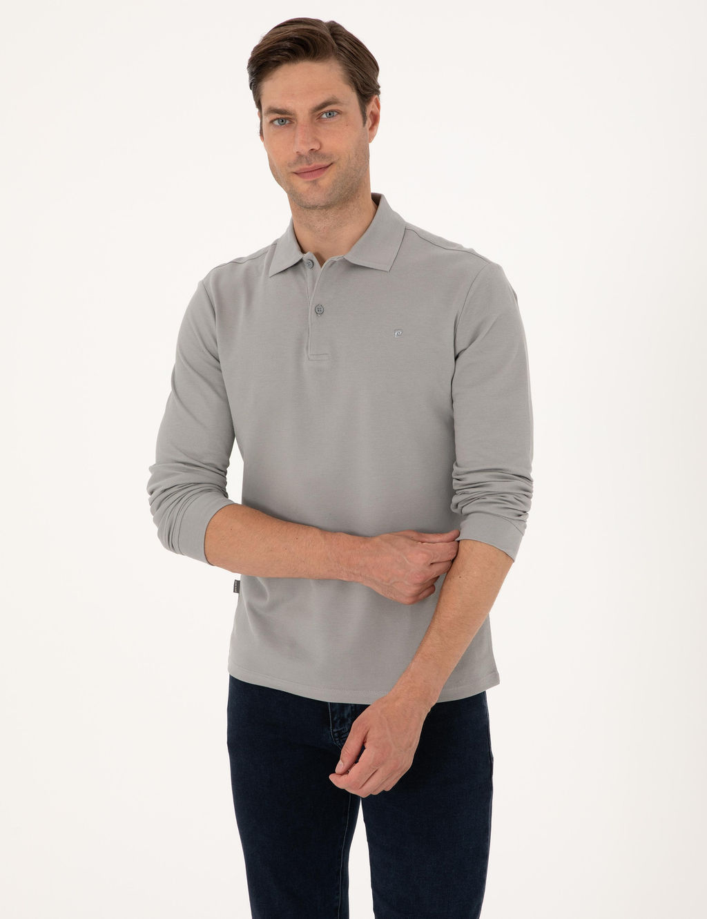 Gri Slim Fit K_vr_lmaz Polo Yaka Basic Pike Sweatshirt