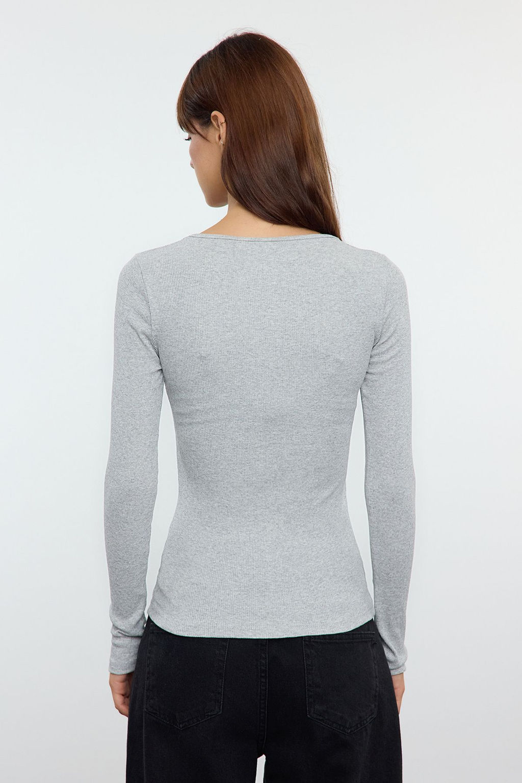 Gri Melanj C?tc?tl? Fitted/Vucuda Oturan Fitilli Esnek Orme Bluz TWOAW25BZ00080