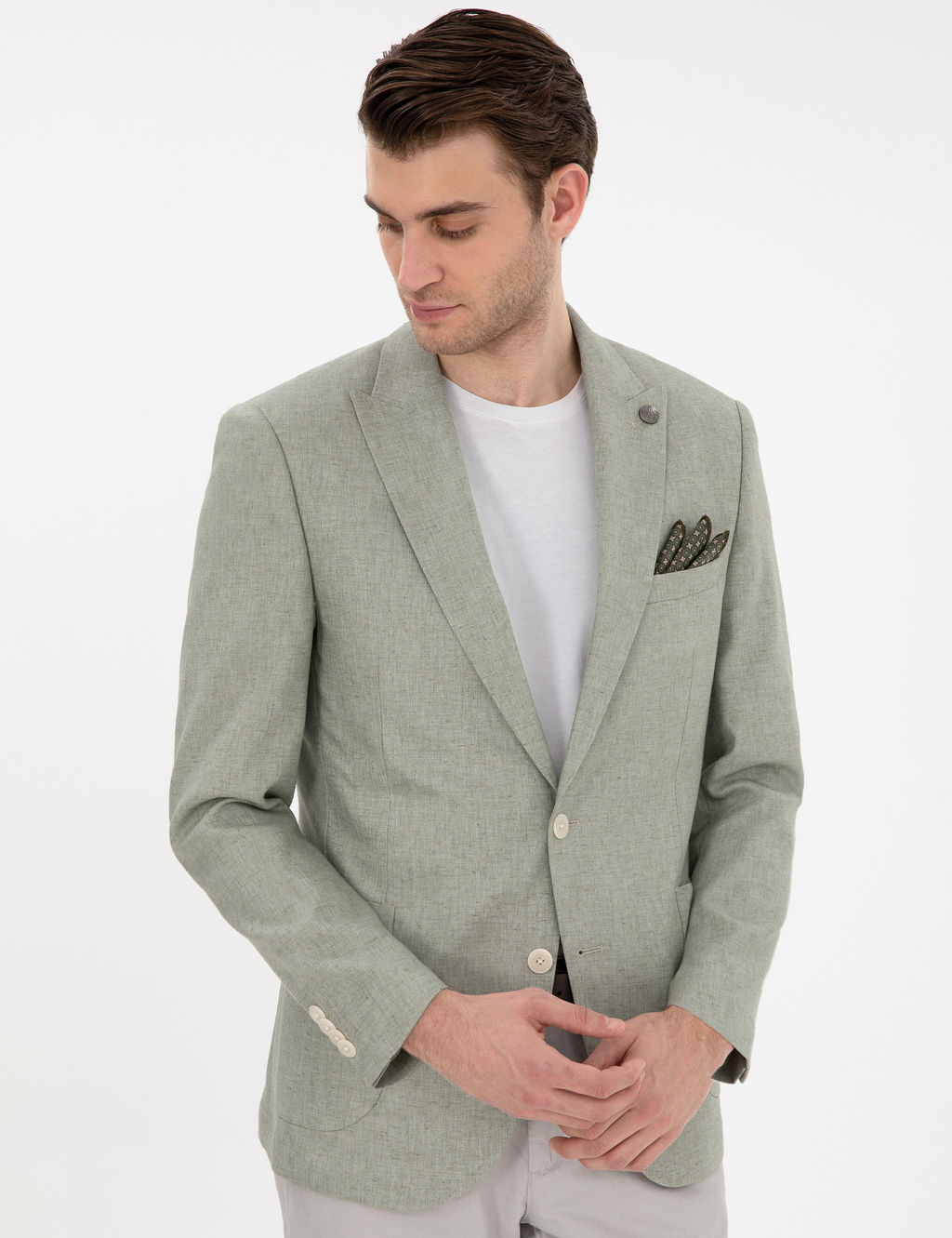A__k Ye_il Ex. Slim Fit Keten Kar___ml_ Ceket