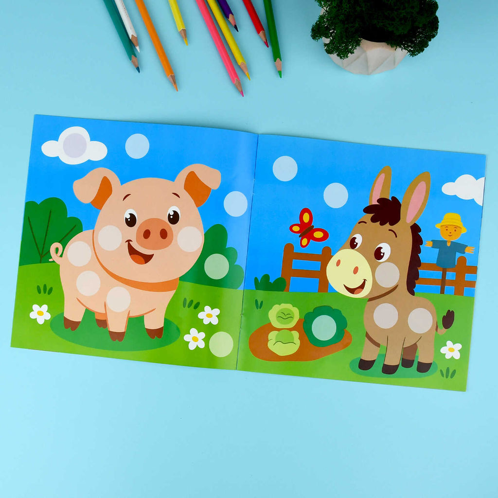 Книжка-картинка с наклейками для детей. Серия "Цветные кружочки" арт. 72690 ДОМАШНИЕ ЖИВОТНЫЕ /215х215 мм, 4 л., блок - бумага мелованная 150 г/м?, полноцветная печать, обл - мелованная бумага 150 г/м?, мягкий переплёт (2 скобы),