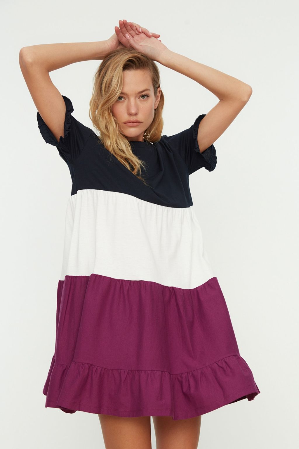 Lacivert %100 Pamuk Renk Bloklu Shift/Duz Mini Orme Elbise TWOSS20EL1638 - Trendyolmilla фото 3