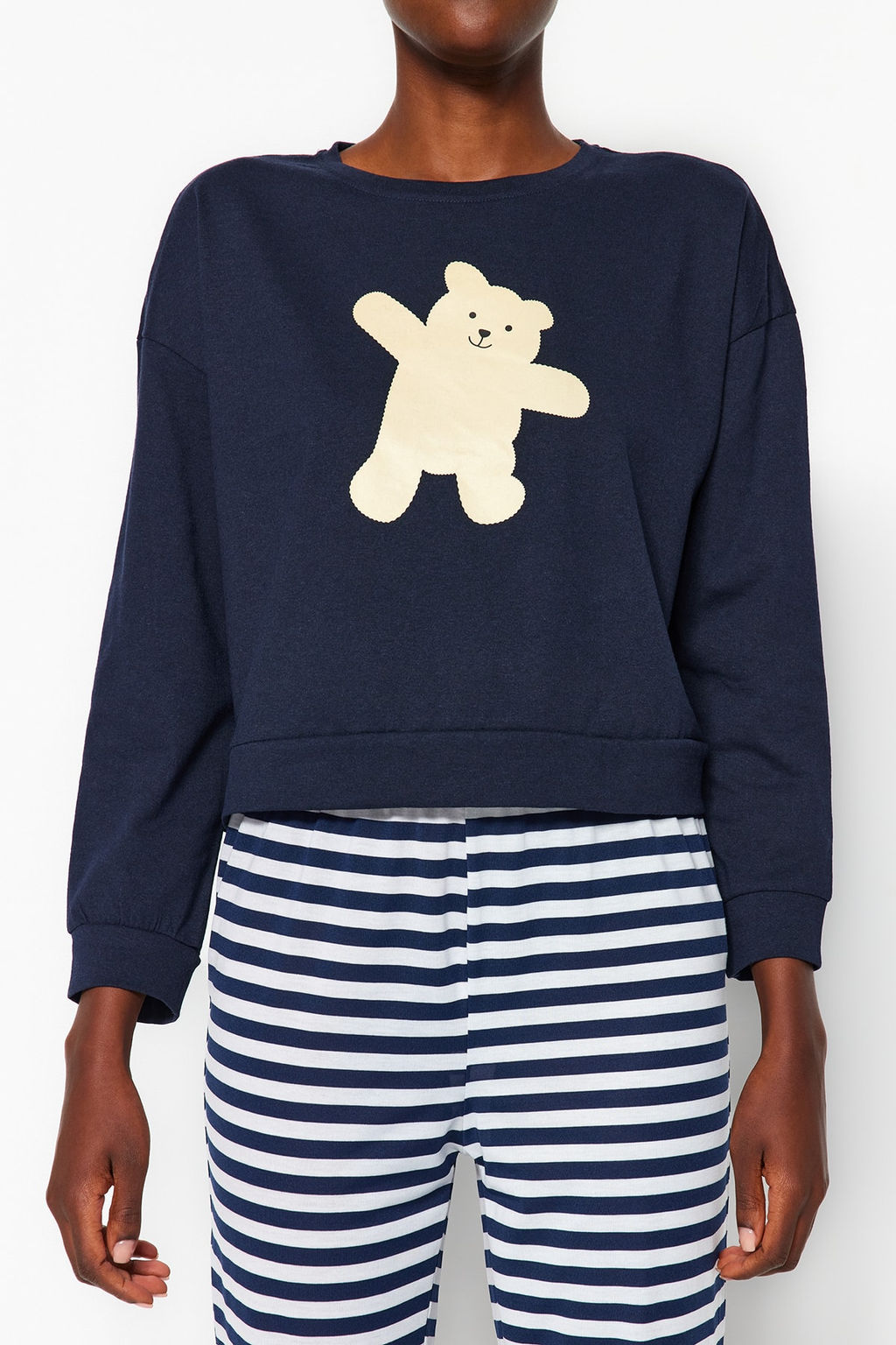 Trendyolmilla Lacivert %100 Pamuklu Ay?c?kl? Orme Pijama Tak?m? THMAW21PT0302