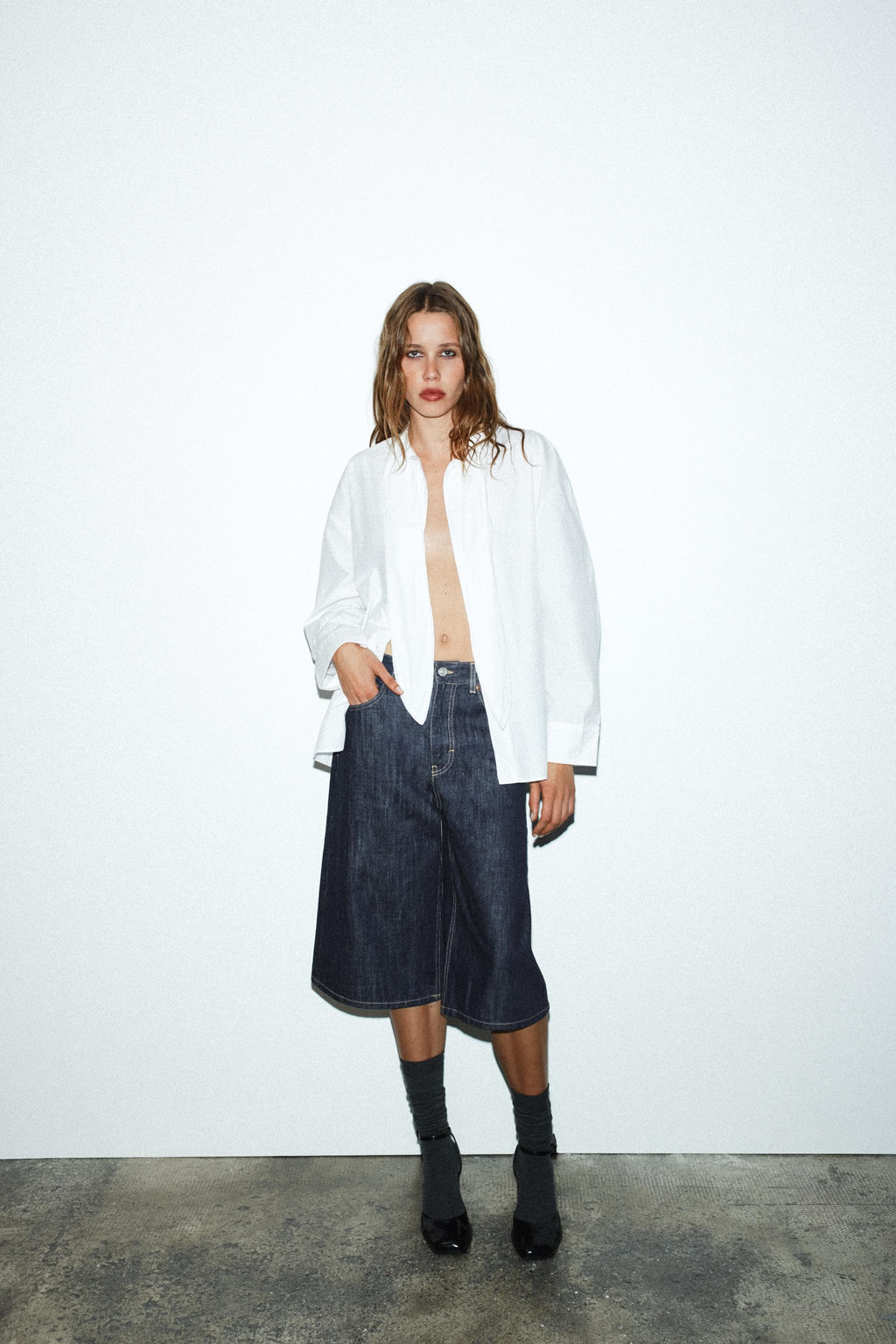 TRF MID-WAIST DENIM JORTS BERMUDA SHORTS