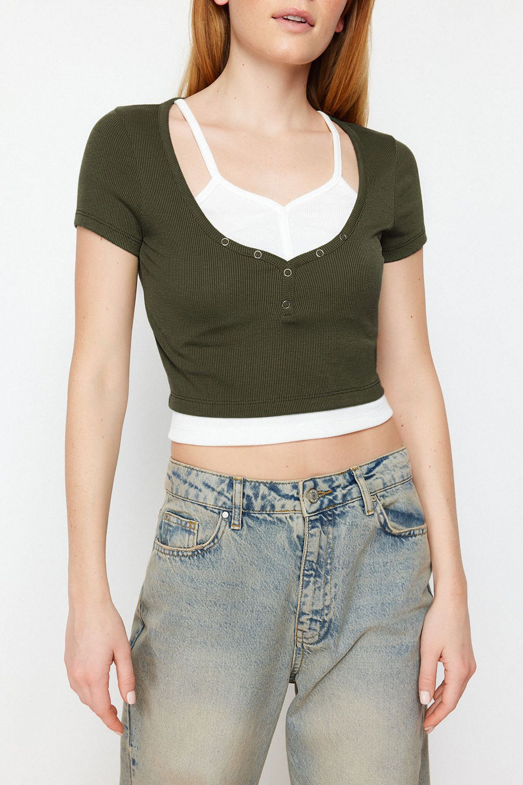 Trendyolmilla Haki Cift Kat Detayl? Fitted/Vucudu SaranFitilli Esnek Orme Bluz TWOSS24BZ00102  фото 11