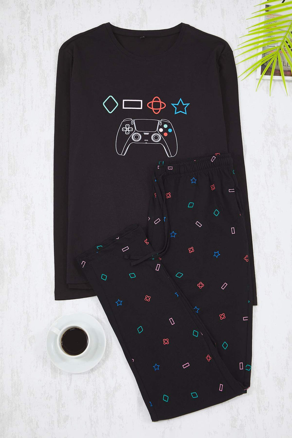 Siyah Regular Game Bask?l? Orme Pijama Tak?m? TMNAW24PT00012