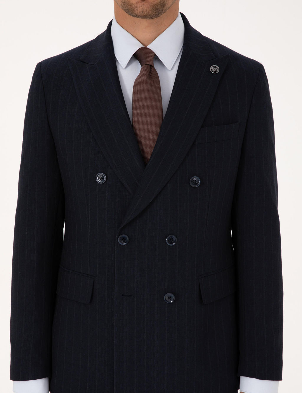 Lacivert Ex. Slim Fit _izgili Kruvaze Tak_m Elbise
