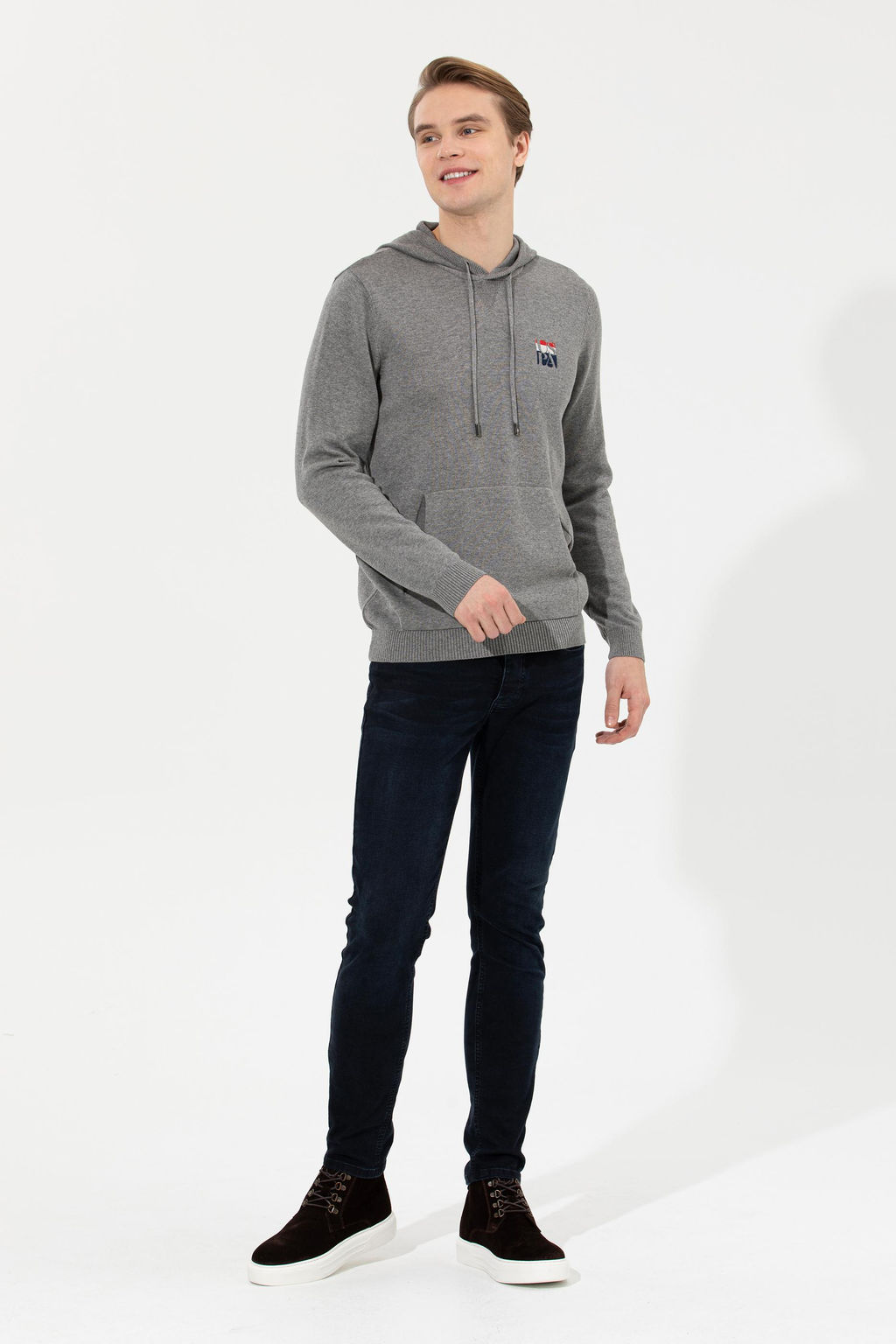 U. S. Polo Assn Мужской серый меланжевый вязаный свитер с капюшоном - U.s. polo assn фото 3