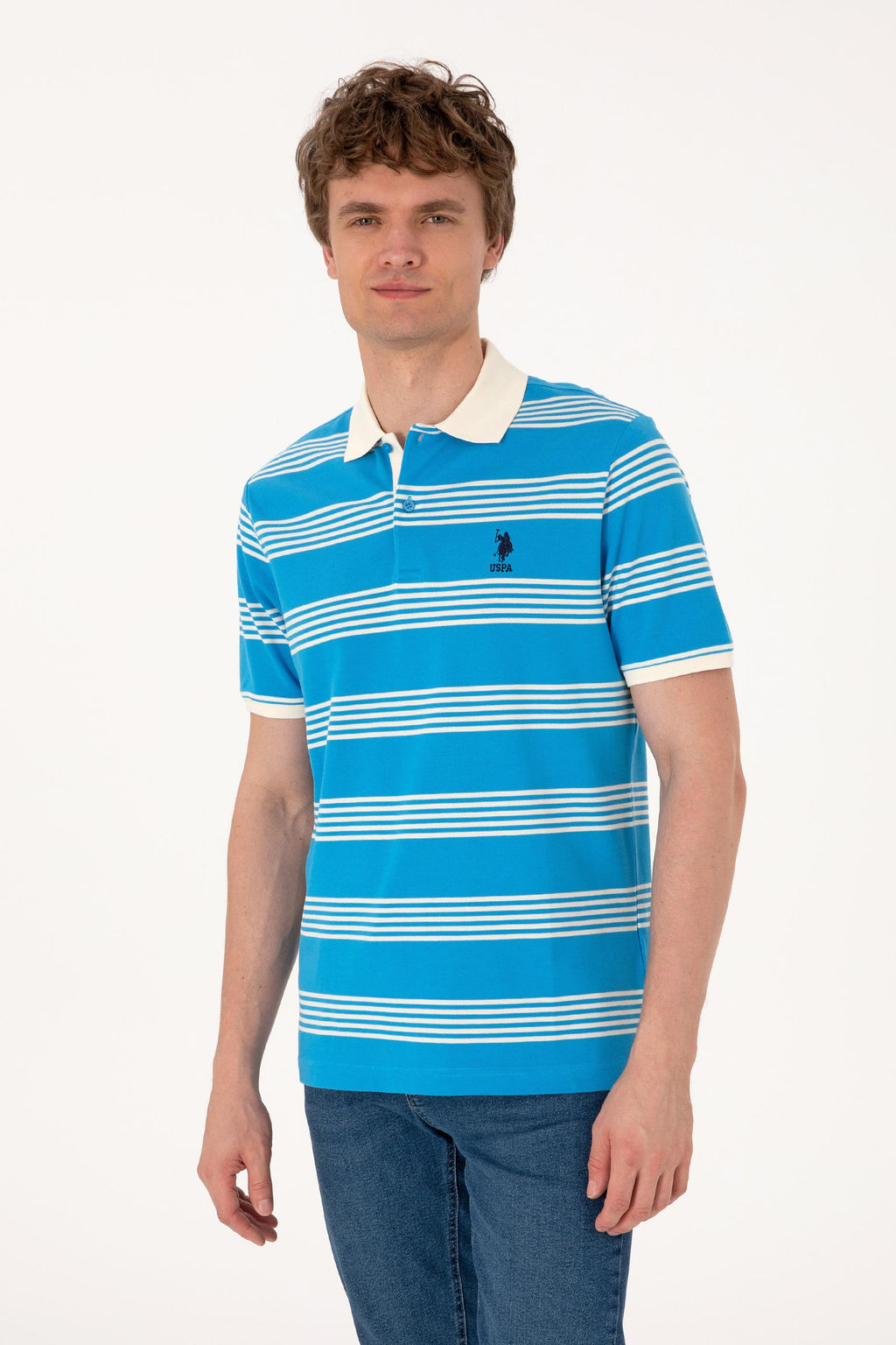 Erkek Regular Fit Polo Yaka Turkuaz _izgili Ti__rt Sepette S_rpriz _ndirim