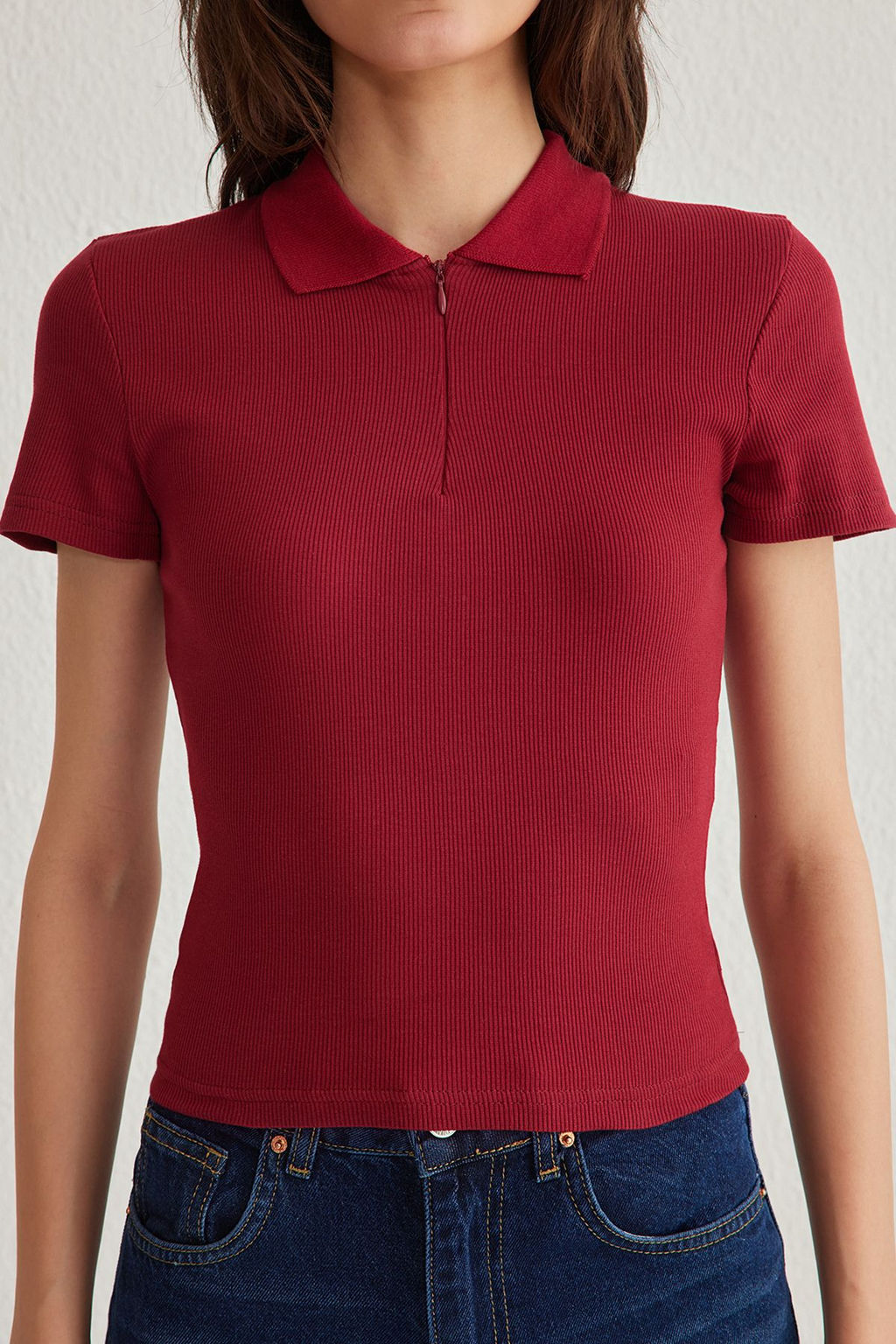 Ekru Fitted/Vucuda Oturan Polo Yaka Esnek Orme Bluz TWOSS25BZ00039 - Trendyolmilla фото 13