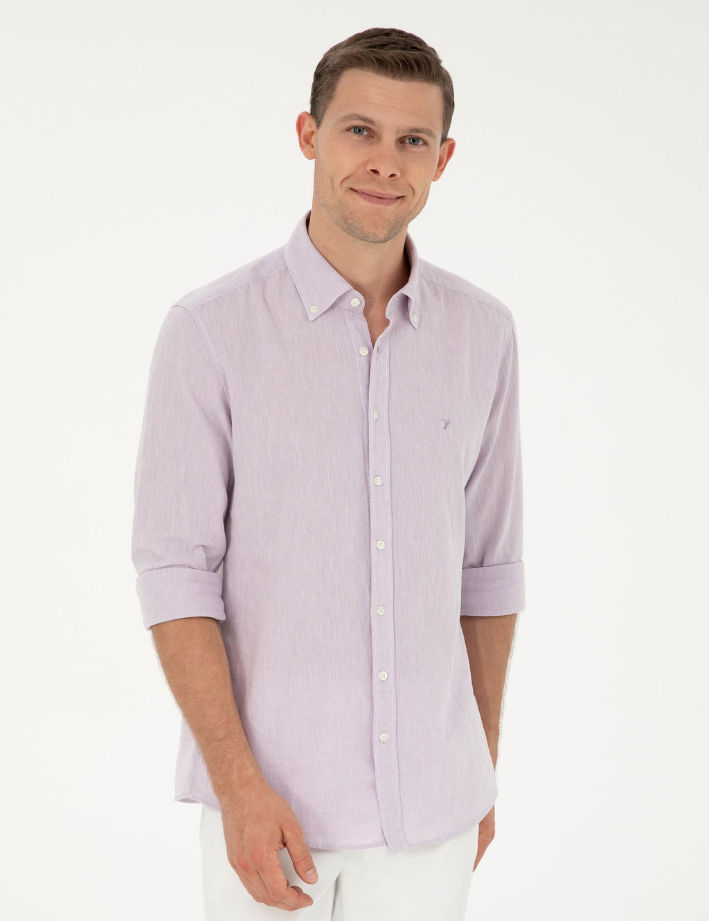 Рубашка приталенного кроя из смесового льна сиреневого цвета с длинным рукавом - Cacharel фото 8