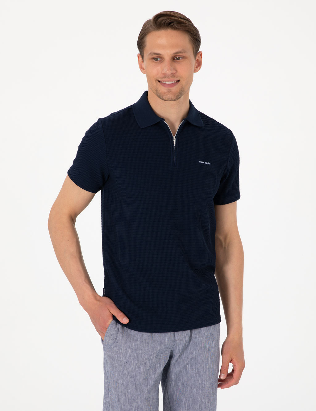 Lacivert Slim Fit _rme Dokulu Polo Yaka Ti__rt