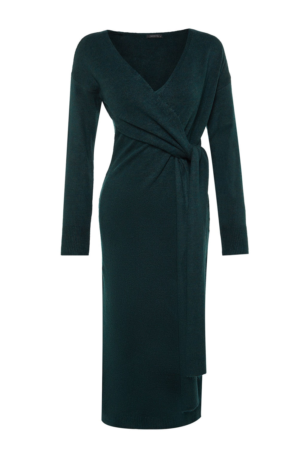Zumrut Yesili Yumusak Dokulu Midi Triko Kruvaze Yaka Baglamal? Elbise TWOAW21EL0260