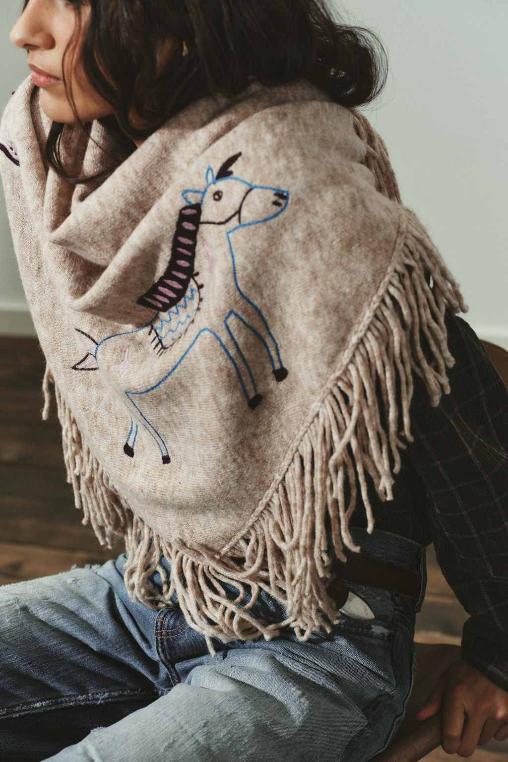 EMBROIDERED FRINGED SHAWL